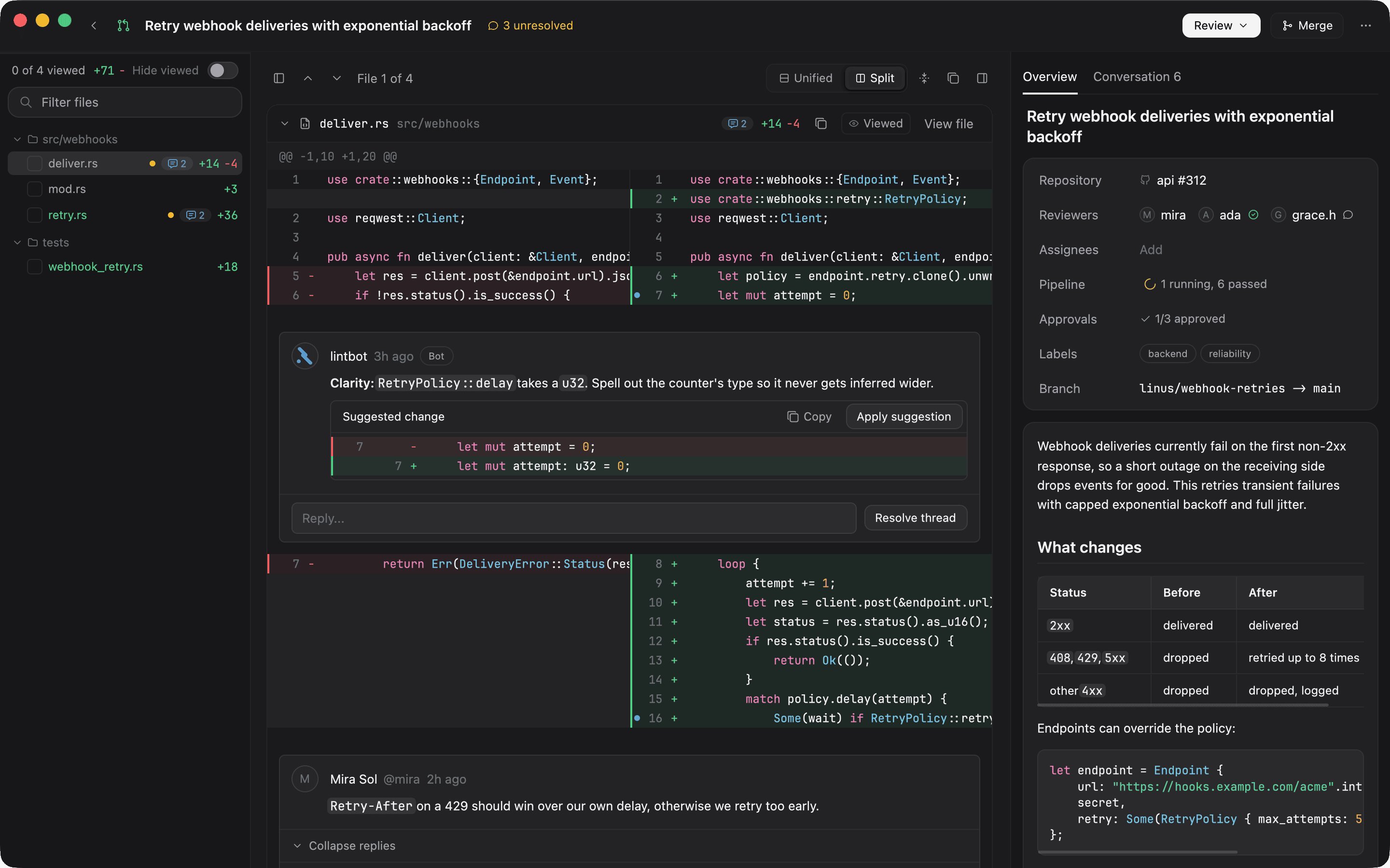Confluo review mode with a split diff, inline threads and the PR overview